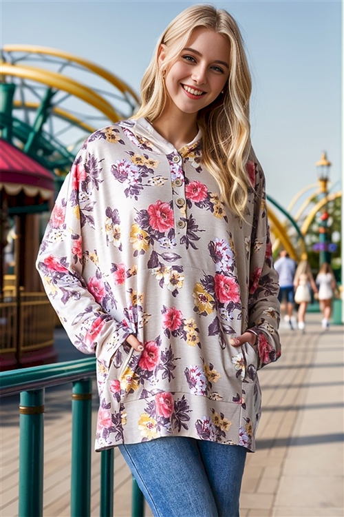 HM-ET7707-11-TPMLT-LONG SLEEVE FLORAL PRINT HOODIE TOP WITH KANGAROO POCKET AND FRONT BOTTON DETAIL-TAUPE MULTI-2-2-2