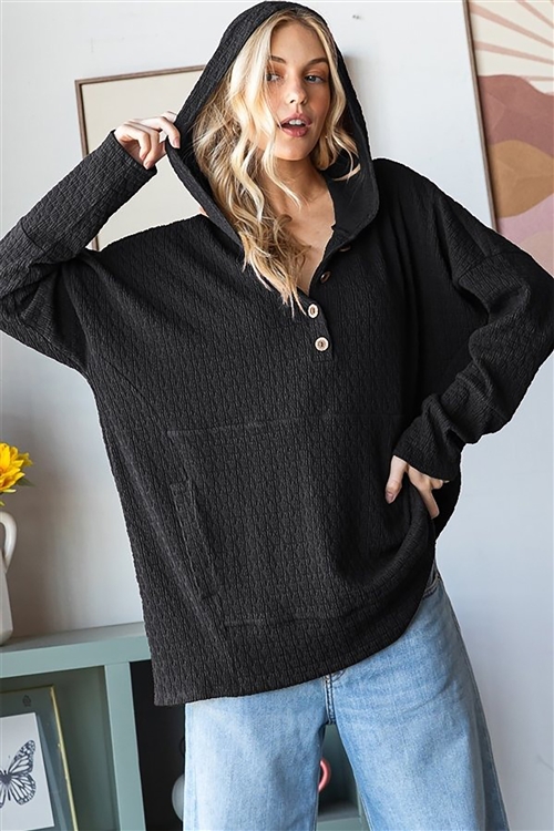 HM-ET7707-13-BK-LONG SLEEVE SOLID JACQUARD BOTTON DOWN HOODIE TOP WITH KANGAROO POCKET DETAIL-BLACK-2-2-2