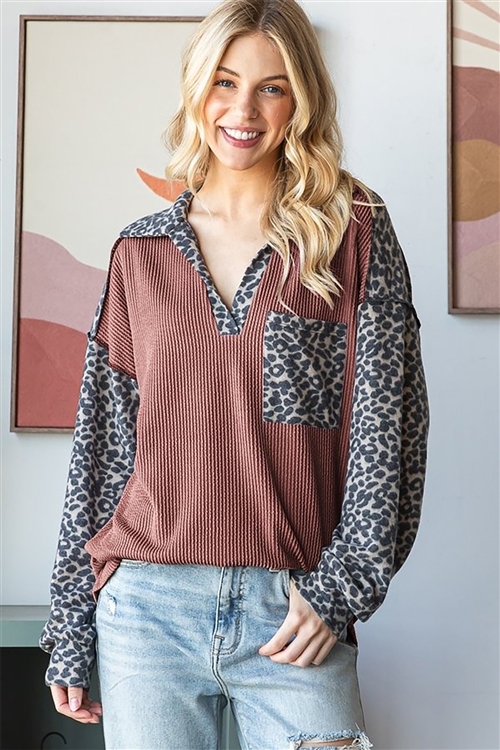 HM-ET7708-10-RU-LONG PUFF SLEEVE BASIC COLLAR NECK SOLID URBAN RIBBED AND ANIMAL PRINT CONTRAST TOP-RUST-2-2-2