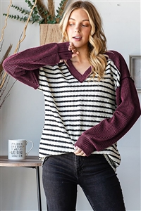 HM-ET7710-10X-BU-PLUS SIZE LONG PUFF SLEEVE STRIPE AND SOLID URBAN RIBBED CONTRAST TOP W/STITCH DETAIL-BURGUNDY-2-2-2