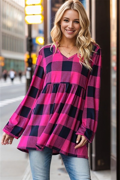 HM-ET7726-13-FCHNV-LONG PUFF SLEEVE V NECK PLAIDE PRINT BABYDOLL TOP WITH SHIRRING DETAIL-FUCHSIA/NAVY-2-2-2