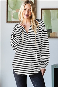 HM-ET7733-10-CRMBK-LONG PUFF SLEEVE V NECK DRAWSTRING HOOD STRIPE HOODIE TOP-CREAM/BLACK-2-2-2