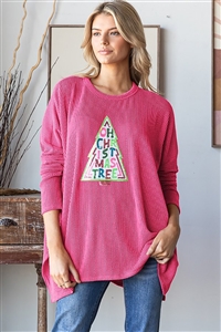 HM-ET7748-15-HPK-LONG SLEEVE ROUND NECK SOLID URBAN RIBBED TOP WITH CHRISTMAS SEQUINS PATCH-HOT PINK-2-2-2