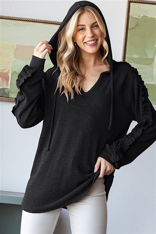 HM-ET7760-10X-BK-PLUS SIZE LONG SLEEVE V NECK HOODIE SOLID URBAN RIBBED TOP-BLACK-2-2-2