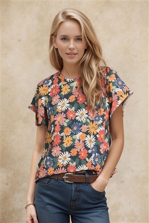 HM-ET7800-25X-BK-PLUS SIZE SHORT SLEEVE TOP FEATURING BOLD DAISY GRAPHIC PATTERN AND COMFORTABLE CREW NECKLINE-BLACK-2-2-2