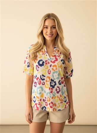 HM-ET7934-15-IVMLT-SHORT SLEEVE TOP FEATURING ALL-OVER ARTISTIC FLORAL GRAPHICS AND BANDED CUFFS-IVORY MULTI-2-2-2