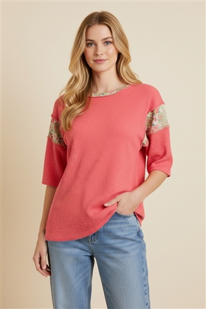 HM-ET8035-13-CO- SHORT SLEEVE PULLOVER FEATURING RIBBED WAFFLE TEXTURE AND FLORAL PRINT INSETS-CORAL-2-2-2