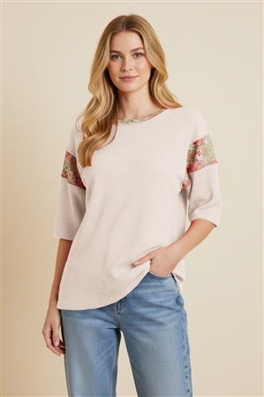 HM-ET8035-13-CRM- SHORT SLEEVE PULLOVER FEATURING RIBBED WAFFLE TEXTURE AND FLORAL PRINT INSETS-CREAM-2-2-2