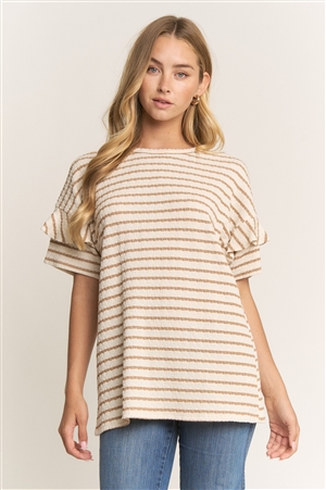 HM-ET8042-10-CR-MOC-SHORT SLEEVE ROUND NECK STRIPE KNIT TOP W/ RUFFLE SLEEVE AND RELAXED FIT SILHOUETTE-CREAM/MOCHA-2-2-2