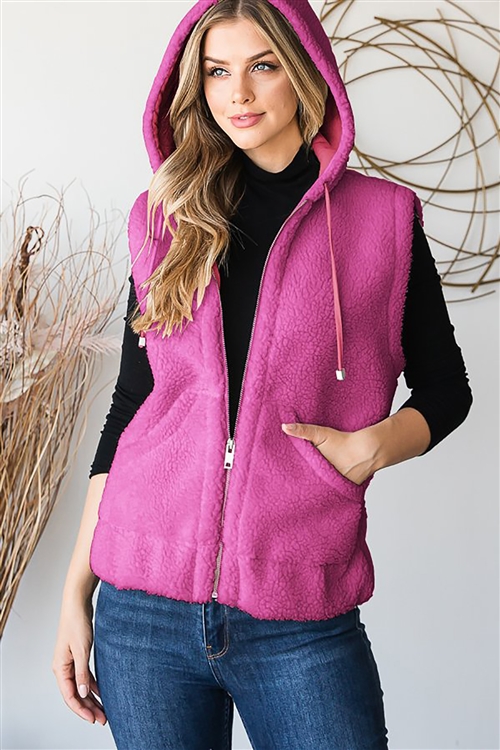 HM-HG123X-PU-PLUS SIZE SLEEVELESS HOODED ZIPPER FRONT SHERPA VEST WITH FRONT POCKET DETAIL-PURPLE-3-2-1