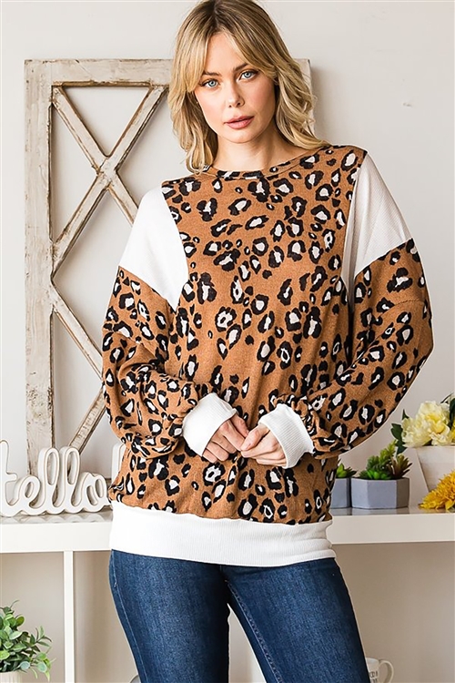 HM-K10504-CMLANML-LONG PUFF SLEEVE ROUND NECK SOLID AND ANIMAL PRINT CONTRAST TOP-CAMEL/ANIMAL-2-2-2