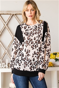 HM-K10504-TPANML-LONG PUFF SLEEVE ROUND NECK SOLID AND ANIMAL PRINT CONTRAST TOP-TAUPE/ANIMAL-2-2-2