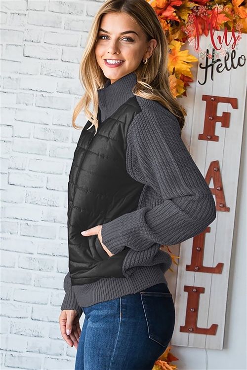 HM-LPY036X-BK-PLUS SIZE RIBBED LONG SLEEVE AND COLLAR PUFFER DUCK DOWN JACKET-BLACK-3-2-1