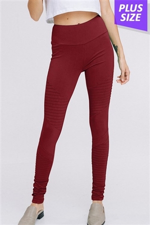 S35-1-1-HM-P1006PX-WN - PLUS SIZE HIGH WAIST SOLID MOTO LEGGINGS- WINE 2-2-2