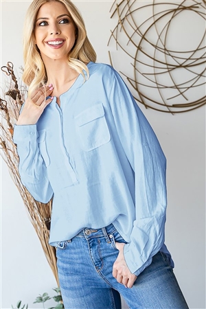 HM-R585-2-BL-LONG SLEEVE ROUND NECK BUTTON DOWN BLOUSE WITH FRONT POCKETS-BLUE-2-2-2