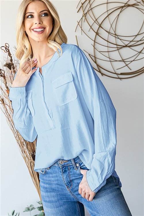 HM-R585-2-BL-LONG SLEEVE ROUND NECK BUTTON DOWN BLOUSE WITH FRONT POCKETS-BLUE-2-2-2