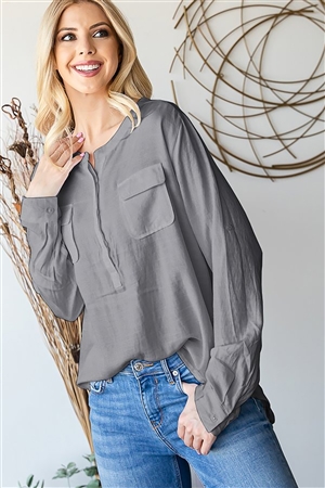 HM-R585-2-CH-LONG SLEEVE ROUND NECK BUTTON DOWN BLOUSE WITH FRONT POCKETS-CHARCOAL-2-2-2