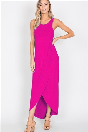 S35-1-1-HM-SD1012S-FCH - SLEEVELESS ROUND NECK SOLID MAXI WRAP DRESS- FUCHSIA 2-2-2