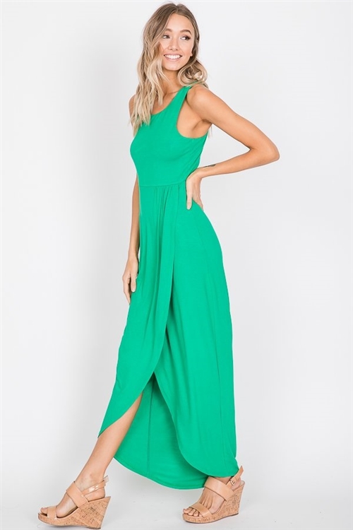 S35-1-1-HM-SD1012S-KG - SLEEVELESS ROUND NECK SOLID MAXI WRAP DRESS- KELLY GREEN 2-2-2