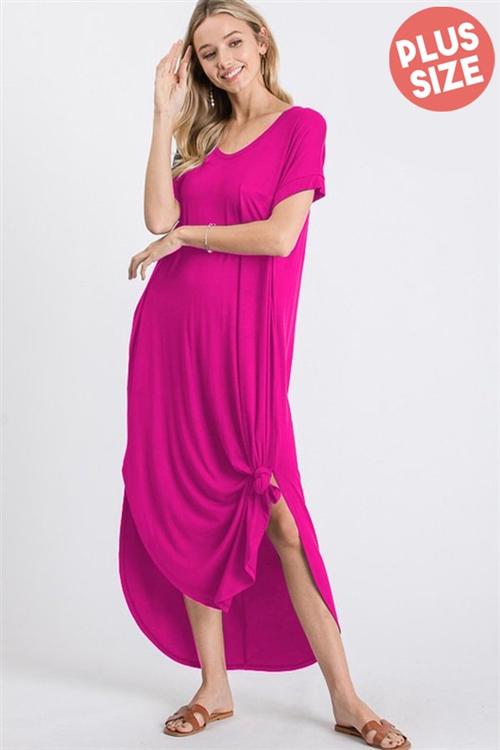 S35-1-1-HM-SD1016SX-FCH - PLUS SIZE SOLID MAXI DRESS WITH SIDE SLIT AND SIDE POCKET- FUCHSIA 2-2-2