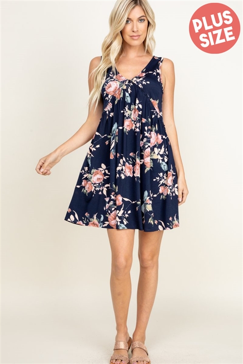 S35-1-1-HM-SD1062-10X-NV - PLUS SIZE SLEEVELESS V NECK FLORAL PRINT DRESS WITH RUFFLED- NAVY 2-2-2