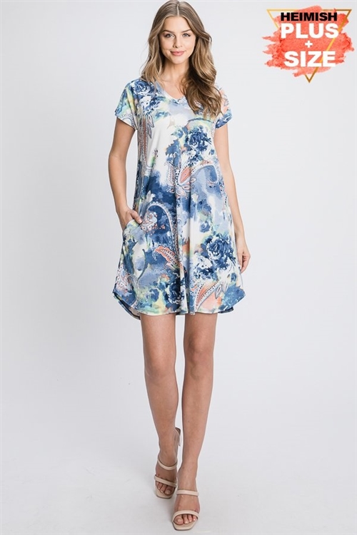 S35-1-1-HM-SD1109-29X-BL - PLUS SIZE V NECK PAISLEY PRINT DRESS WITH SIDE POCKET- BLUE 2-2-2