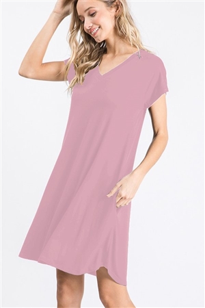 S35-1-1-HM-SD1109S-DPK - V NECK SOLID DRESS WITH SIDE POCKET- DUSTY PINK 2-2-2