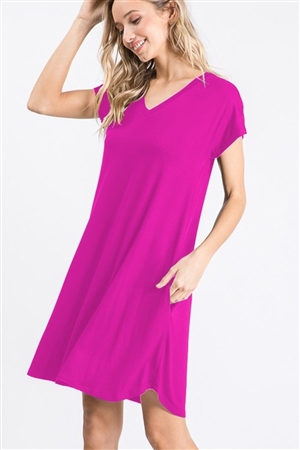 S35-1-1-HM-SD1109S-FCH - V NECK SOLID DRESS WITH SIDE POCKET- FUCHSIA 2-2-2