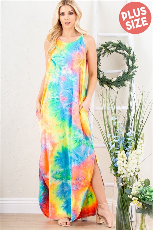 S35-1-1-HM-SD1113-45X-MLT - PLUS SIZE MULTI COLOR TIE DYE PRINT MAXI DRESS WITH SIDE POCKET- MULTI 2-2-2