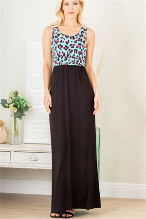 S35-1-1-HM-SD1123-15-MNTBK - SLEEVELESS ROUND NECK ANIMAL PRINT AND SOLID CONTRAST MAXI DRESS WITH SIDE POCKET DETAIL- MINT BLACK 2-2-2
