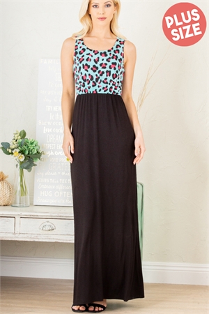 S35-1-1-HM-SD1123-15X-MNTBK - SLEEVELESS ROUND NECK ANIMAL PRINT AND SOLID CONTRAST MAXI DRESS WITH SIDE POCKET DETAILX SIZE- MINT BLACK 2-2-2