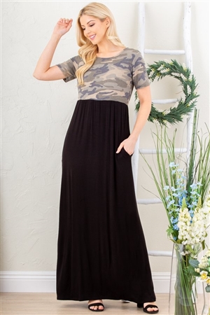 S35-1-1-HM-SD1127-11-OVCM - CAMO PRINT AND SOLID CONTRAST MAXI DRESS WITH SIDE POCKET- OLIVE CAMO 2-2-2