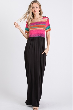 S35-1-1-HM-SD1127-14-BK - MULTICOLOR PRINT AND SOLID CONTRAST MAXI DRESS WITH SIDE POCKET- BLACK 2-2-2