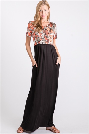 S35-1-1-HM-SD1127-18-BK - SNAKE SKIN PRINT AND SOLID CONTRAST MAXI DRESS WITH SIDE POCKET- BLACK 2-2-2