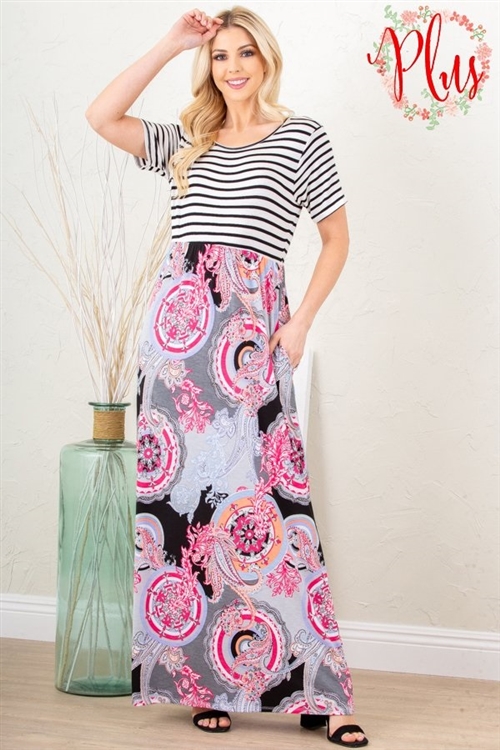 S35-1-1-HM-SD1127-20X-GY - PLUS SIZE STRIPE AND MULTI COLOR PRINT CONTRAST MAXI DRESS- GRAY 2-2-2