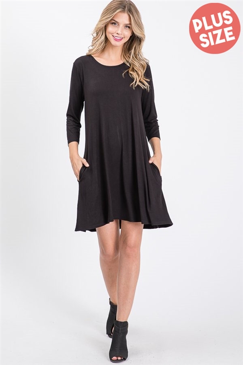 S35-1-1-HM-SD1145SX-BK - PLUS SIZE THREE QUARTER SLEEVE ROUND NECK SOLID DRESS- BLACK 2-2-2