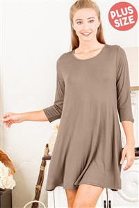 S35-1-1-HM-SD1145SX-MC - PLUS SIZE THREE QUARTER SLEEVE ROUND NECK SOLID DRESS- MOCHA 2-2-2