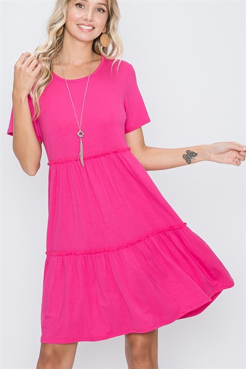 S35-1-1-HM-SD1197S-FCH - SHORT SLEEVE ROUND NECK SOLID DRESS- FUCHSIA 2-2-2