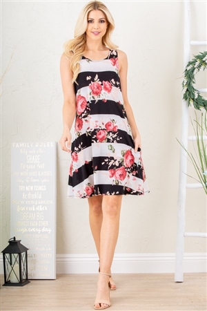 S35-1-1-HM-SD1212-27-BKIV - FLORAL AND STRIPE PRINT DRESS WITH SIDE POCKDET- BLACK IVORY 2-2-2