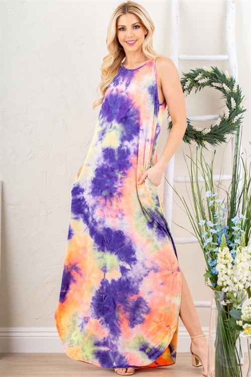 S35-1-1-HM-SD1220-31-PULM - MULTI COLOR TIE DYE PRINT MAXI DRESS WITH SIDE POCKET- PURPLE/LIME 2-2-2