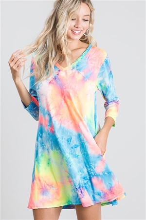 S35-1-1-HM-SD1250-15-MLT - THREE QUARTER SLEEVE MULTI COLOR TIE DYE PRINT DRESS WITH SIDE POCKET- MULTI 2-2-2