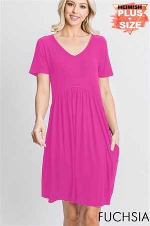 S35-1-1-HM-SD1285SX-FCH - PLUS SIZE SOLID BABYDOLL DRESS WITH SIDE POCKET- FUCHSIA 2-2-2