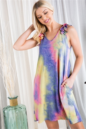 S35-1-1-HM-SD1289-12-PPLLM - SLEEVELESS WITH RUFFLED V NECK MULTI COLOR TIE DYE PRINT MINI DRESS WITH SIDE POCKET DETAIL-  2-2-2