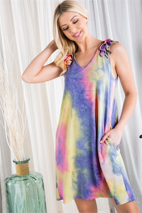S35-1-1-HM-SD1289-12-PPLLM - SLEEVELESS WITH RUFFLED V NECK MULTI COLOR TIE DYE PRINT MINI DRESS WITH SIDE POCKET DETAIL-  2-2-2