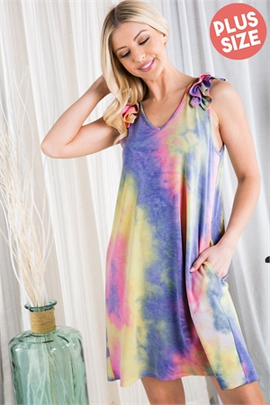S35-1-1-HM-SD1289-12X-PPLLM - PLUS SIZE SLEEVELESS WITH RUFFLED V NECK MULTI COLOR TIE DYE PRINT MINI DRESS WITH SIDE POCKET DETAIL-  2-2-2