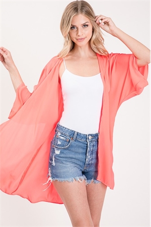 S35-1-1-HM-SJ1002S-NNCRL - THREE QUARTER SLEEVE SOLID OPEN CARDIGAN WITH SELF TIE DETAIL- NEON CORAL 2-2-2