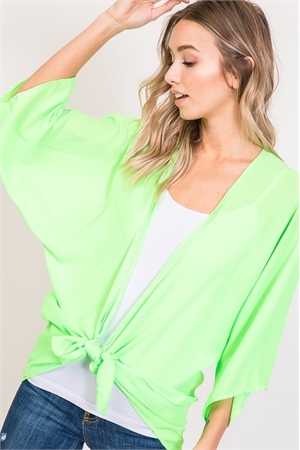 S35-1-1-HM-SJ1002S-NNLM - THREE QUARTER SLEEVE SOLID OPEN CARDIGAN WITH SELF TIE DETAIL- NEON LIME 2-2-2