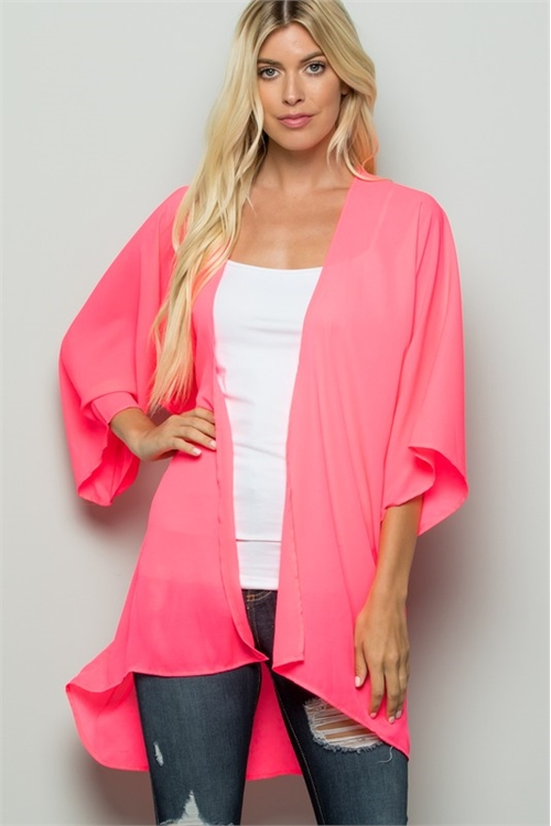 S35-1-1-HM-SJ1002S-NNPK - THREE QUARTER SLEEVE SOLID OPEN CARDIGAN WITH SELF TIE DETAIL- NEON PINK 2-2-2