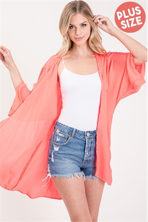 S35-1-1-HM-SJ1002SX-NNCRL - PLUS SIZE THREE QUARTER SLEEVE SOLID OPEN CARDIGAN WITH SELF TIE DETAIL- NEON CORAL 2-2-2