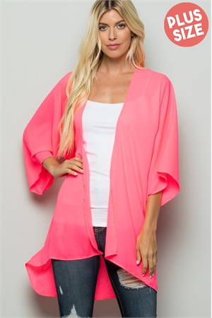 S35-1-1-HM-SJ1002SX-NNPK - PLUS SIZE THREE QUARTER SLEEVE SOLID OPEN CARDIGAN WITH SELF TIE DETAIL- NEON PINK 2-2-2